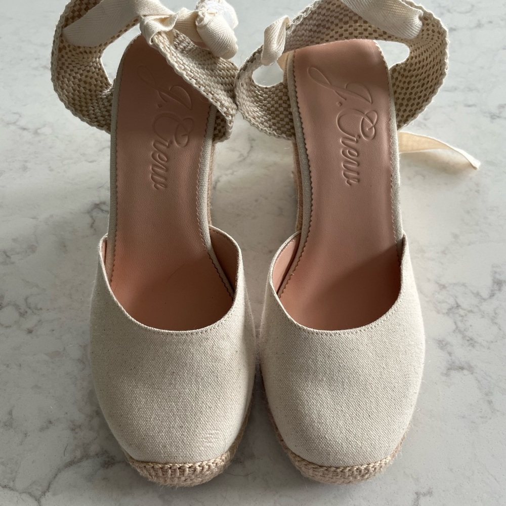JCrew wedge linen espadrilles with ankle ties. Size 9. Never worn.